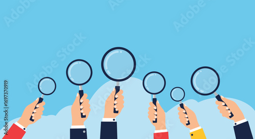 Discovering hidden insights with multiple magnifying glasses held by diverse hands under a bright blue sky with fluffy white clouds