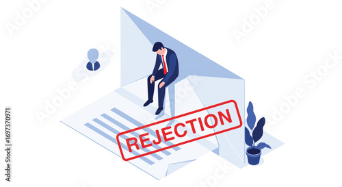 Disappointed businessman receives negative feedback and rejection after job application review process