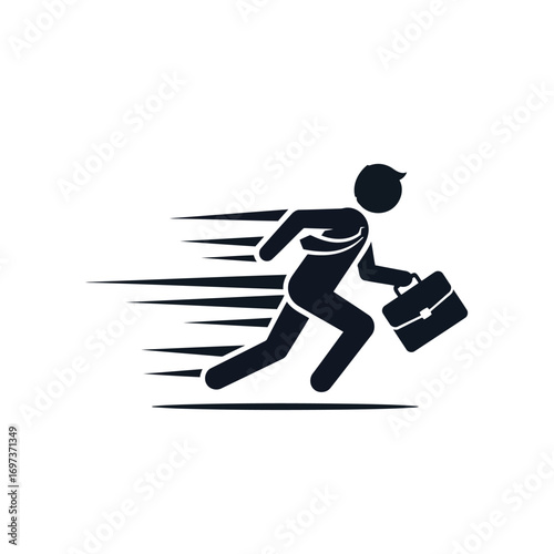 A black silhouette icon of a businessman running fast with a briefcase, with motion lines indicating speed and urgency on a white background.