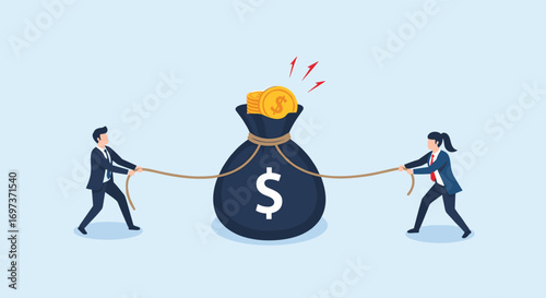People pulling a money bag in a tug of war symbolizing financial dispute and economic conflict resolution