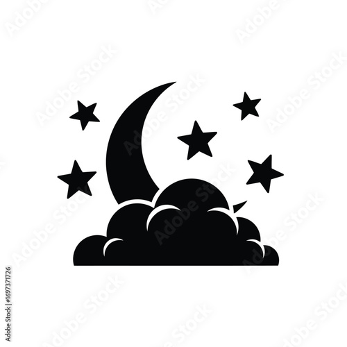 Silhouette of a crescent moon, stars, and clouds, suggesting night or sleep.
