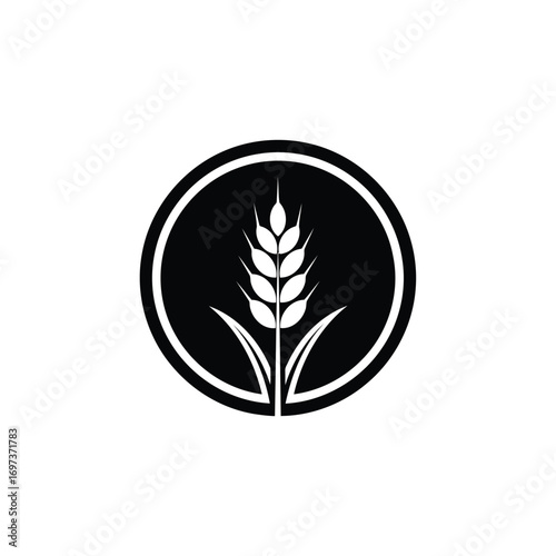 A minimalist black and white circular logo featuring a stylized white wheat stalk icon on a black background.