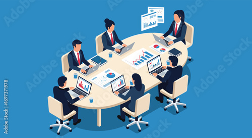 Diverse team collaborates on business strategy and financial data analysis in a modern meeting room setting