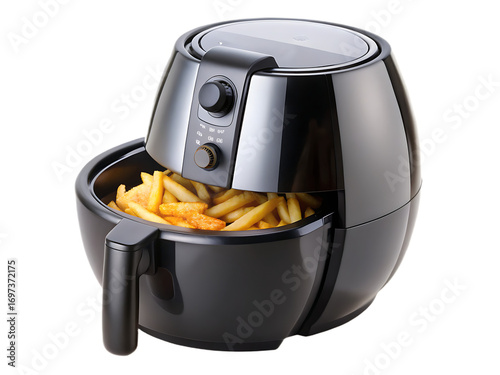 Black kitchen appliance with fried potatoes isolated on a transparent background cooking digital