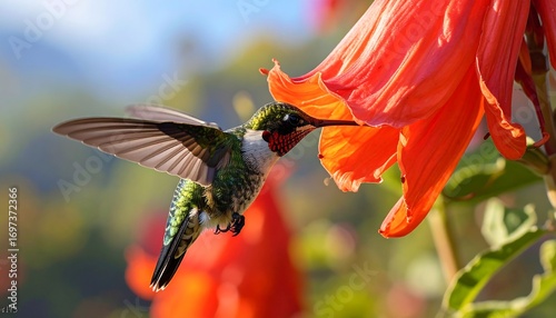 Hummingbird sips flower nectar