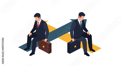 Two businessmen sitting on opposite sides of a diverging path with briefcases representing business competition and strategic decision making