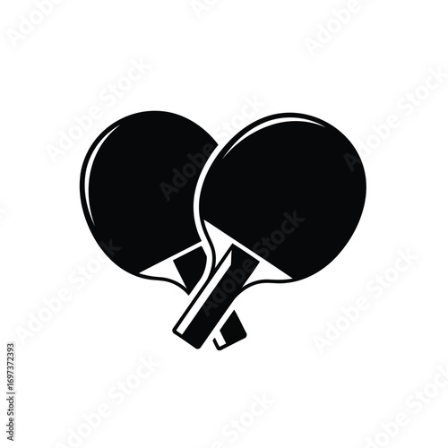 A simple black and white silhouette icon of two crossed table tennis or ping-pong paddles.