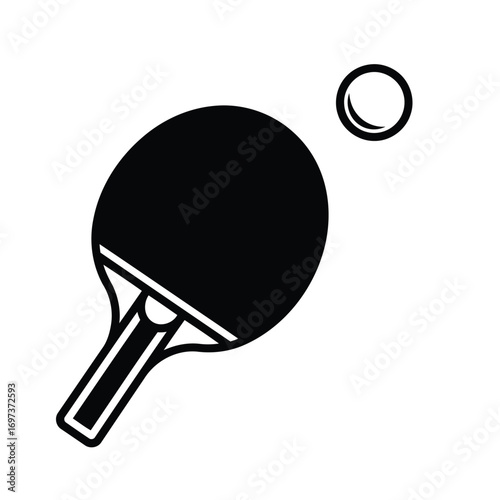 A black and white illustration of a ping pong paddle and ball, symbolizing the sport of table tennis.