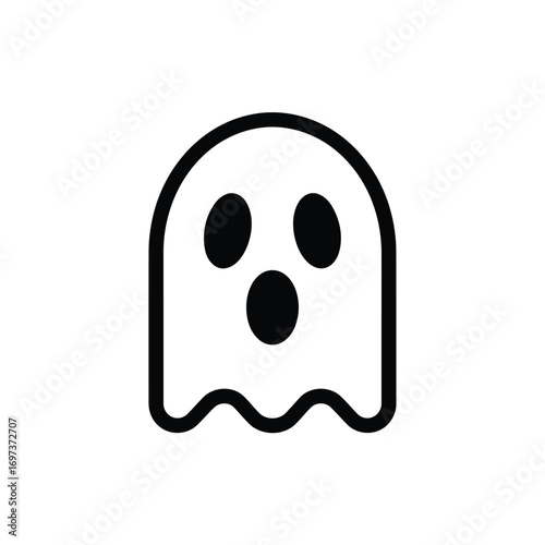 A minimalist black line art icon of a cute cartoon ghost with a surprised expression on a white background.