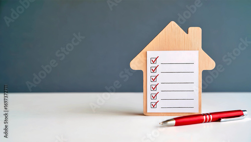 A wooden house shaped checklist with a pen on table, symbolizing home ownership tasks and responsibilities, with a grey background