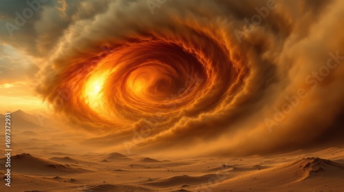 Dramatic swirling vortex of fire and dust over desolate landscape.
