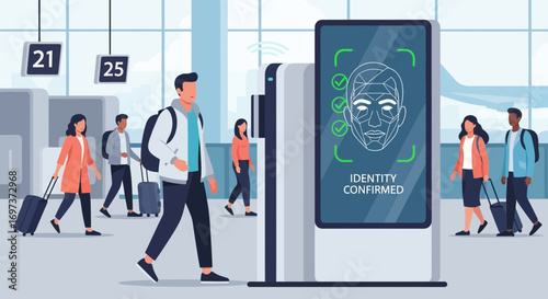 Passengers passing through facial recognition security system at the airport terminal modern