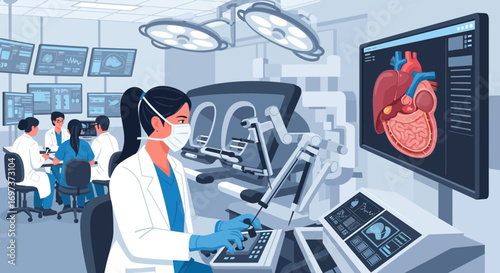 Robotic surgery with a female doctor using robotic technology in a modern operation room