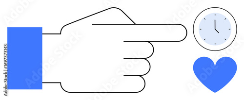Hand pointing right toward clock and heart, signifying time management, value, care, and attention. Ideal for health, love, priorities, time tracking teamwork productivity simple landing page
