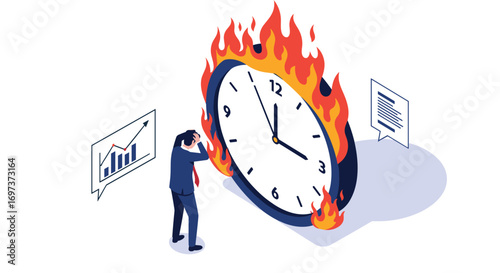 Frustrated businessman watches a burning clock symbolizing extreme time pressure and project deadlines approaching rapidly