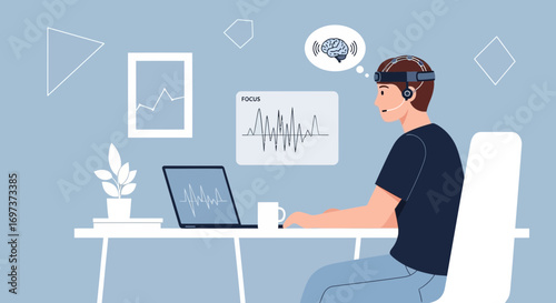 Illustration depicting a man using brainwave technology for focus and productivity enhancing