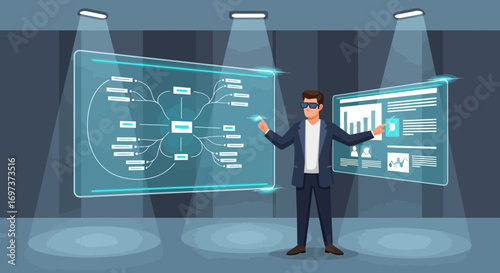 Modern business presentation using augmented reality with interactive digital screens