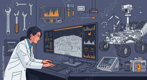 Female scientist analyzing data from a mars rover mission in a laboratory setting illustration