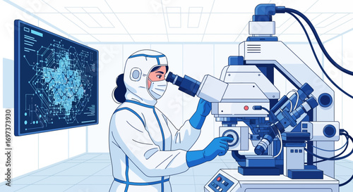 Illustration of a scientist working in a lab with microscope and data screen meticulously
