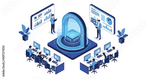 Analyzing data through advanced technology and team collaboration in a modern office environment