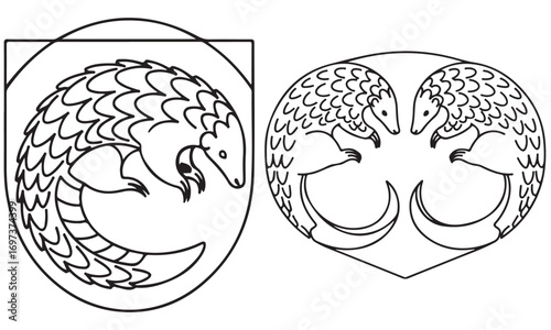 Stylized Pangolin Line Art Illustrations: Curled Animal and Symmetrical Pair Designs