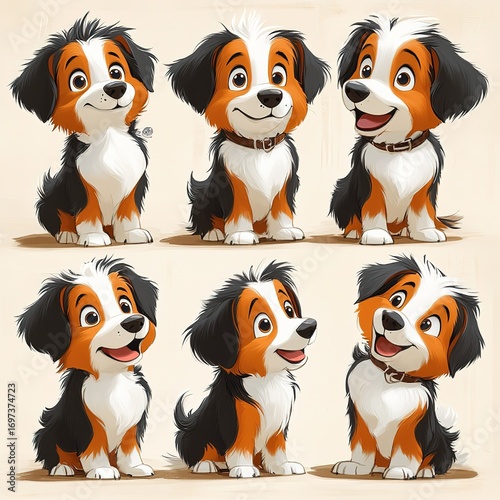 Children's book illustration style cute German Shepherd puppy, multiple poses and expressions, full color character set