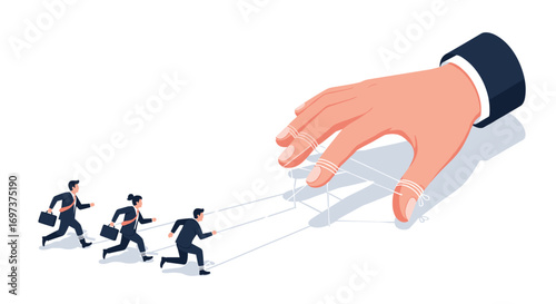 Controlling business people with strings from a giant hand manipulating their moves
