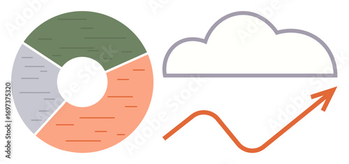Circular segmented chart and upward arrow with cloud icon conveying analytics, trends, and cloud computing themes. Ideal for business, growth, statistics, data, innovation, technology solutions