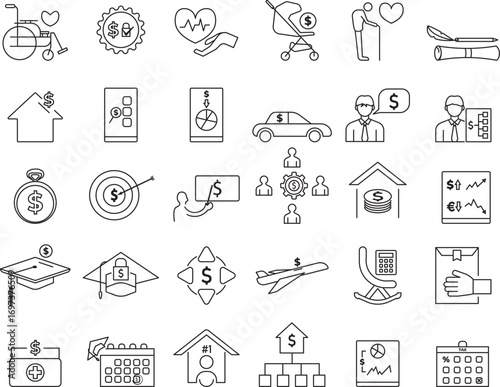 Financial planning and life stages vector icon set. Includes savings, education, insurance, investments, loans, budgeting, retirement, and business growth. Clean outline style for infographics