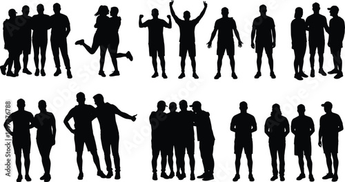 Black silhouette group of men and women standing, posing, hugging, cheering, and socializing together on white background vector illustration