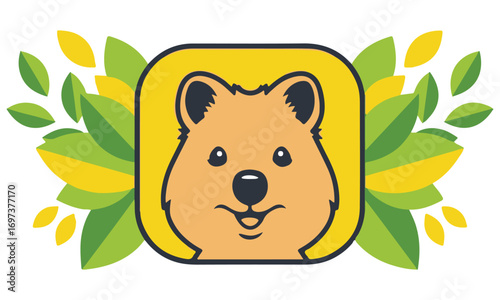 Cute Cartoon Animal Face in Yellow Square with Green Leaves