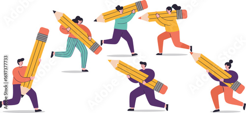 Creative people holding giant pencils running together, teamwork collaboration concept, education design, writing and drawing idea vector illustration on white background