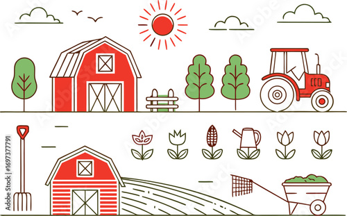 Charming Farm Scene with Red Barns Tractor and Agricultural Elements in a Simple and Clean Line Art Style Illustration
