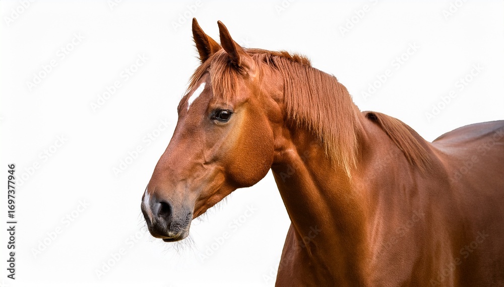 Naklejka premium Strong brown horse facing left, close-up portrait