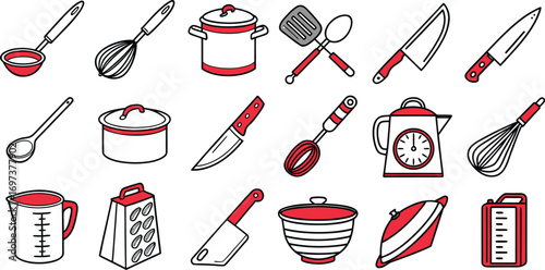 Cartoon kitchen utensil icons culinary equipment sketch kitchenware cooking accessories food preparation tools vector illustration design for restaurant business or home use