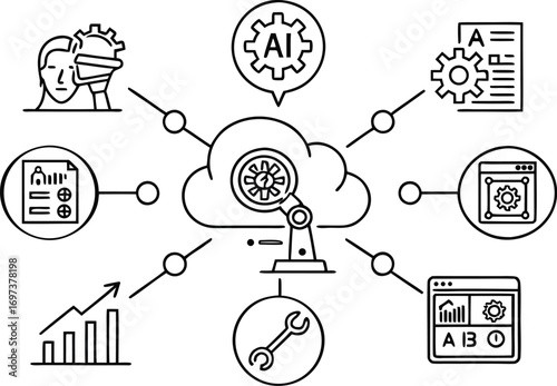 Cloud computing and artificial intelligence network with interconnected devices and automation machinery creating a technological ecosystem for business growth and innovation