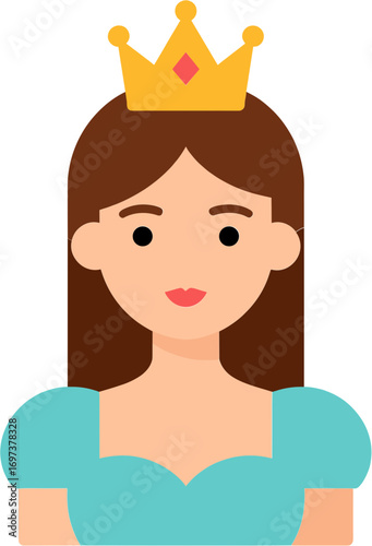 Flat Graphic Princess Portrait with Crown Cartoon Character Illustration
