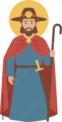 Flat Style Saint James Apostle with Hat and Shell Illustration