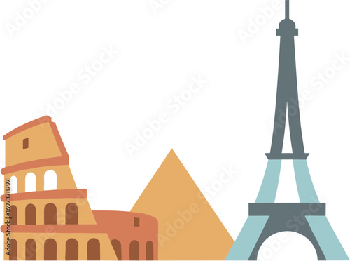 Flat Design Famous Landmarks Icon of Rome, Paris, and Giza