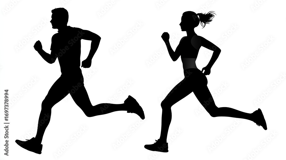 Fototapeta premium Running man and woman silhouettes set. Male and female runners figure shapes. Bare and naked slim healthy people work out Stock Illustration