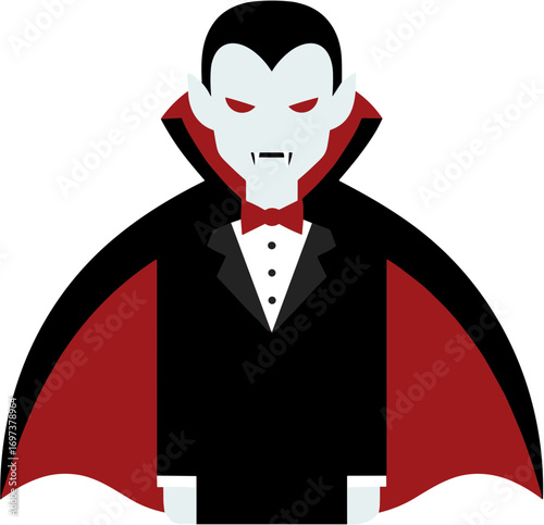 Simple Geometric Vampire Character in Tuxedo with Red Eyes Illustration