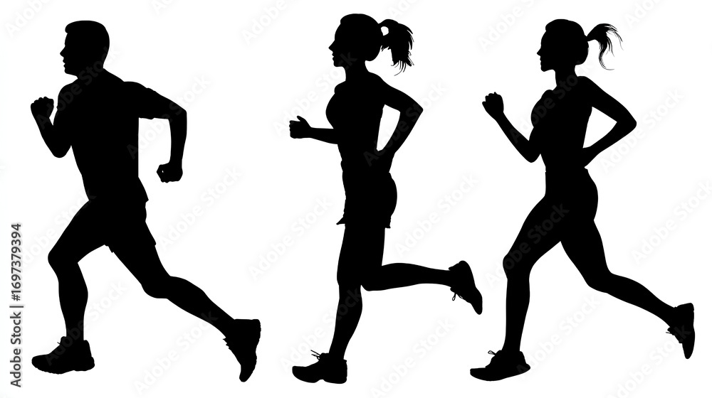 Fototapeta premium Running man and woman silhouettes set. Male and female runners figure shapes. Bare and naked slim healthy people work out Stock Illustration