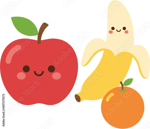 Flat Design Cute Smiling Apple Banana and Orange Cartoon Illustration