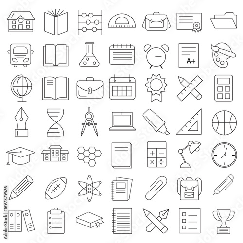 Education Line Icons Editable Stroke. Book, Audiobook, E-Reader, Studying, Tutorial, Personal Organizer, Diary, learning and research in education, school or college.