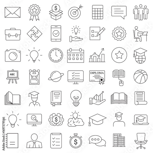 Education Line Icons Editable Stroke. Book, Audiobook, E-Reader, Studying, Tutorial, Personal Organizer, Diary, learning and research in education, school or college.