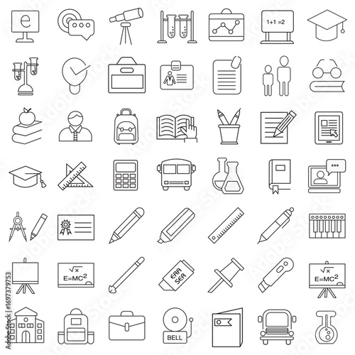 Education Line Icons Editable Stroke. Book, Audiobook, E-Reader, Studying, Tutorial, Personal Organizer, Diary, learning and research in education, school or college.