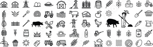 Collection of Farming and Agriculture Related Icons in Black and White Graphic Style Depicting Rural Life and Agricultural Activities