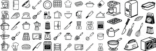 Collection of Kitchen Utensils and Appliances in Black and White Doodle Style Drawing Vector Illustration Perfect for Culinary Design Projects