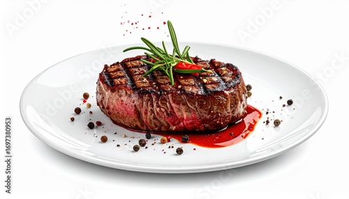 Delicious grilled steak garnished with rosemary and peppercorns, served on a white plate, showcasing a gourmet dining experience.