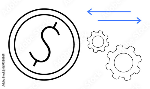 Dollar coin paired with gears and blue arrows suggests workflow, financial system, business efficiency. Ideal for commerce, teamwork, automation, strategy, operation, finance themes simple landing